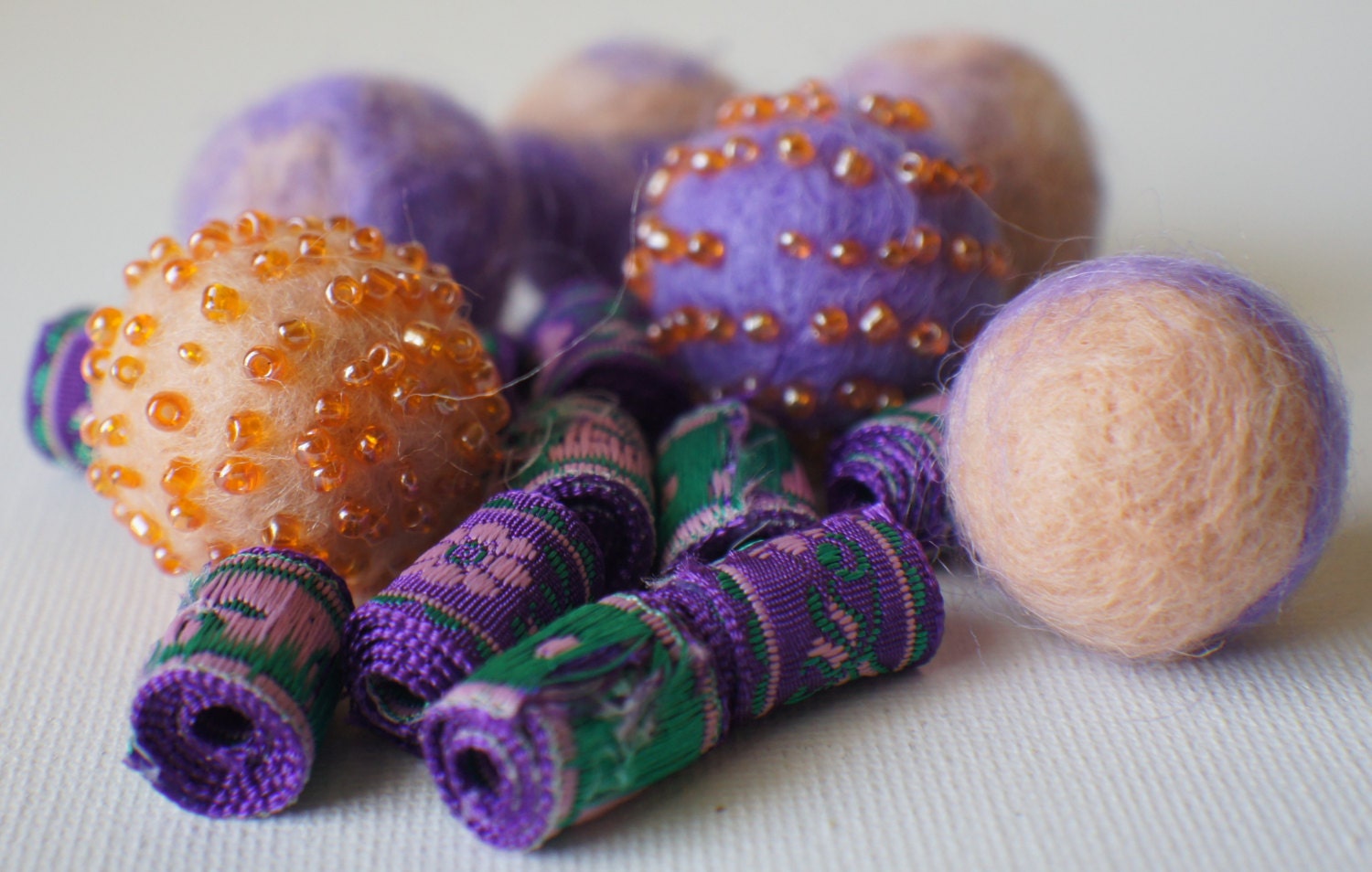 Felt Beads, Extra large Beads, Peach and Purple shades Beads, Felt