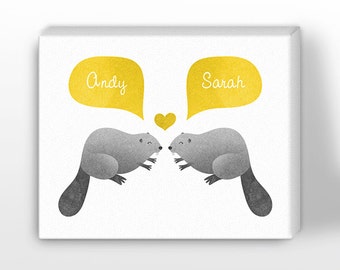 CANVAS Print, Beaver Couple Wall Art, Personalized Valentines Gift for Him, Gift for Her, Wedding Gift, Engagement Gift, Anniversary Gift