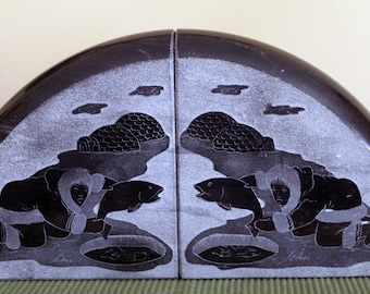Handcarved Canadian Soapstone Inuit Fishermen Bookends