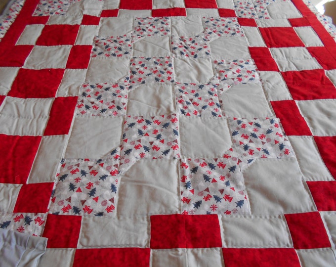 Red and Gray Bow Tie Patchwork Quilt , Lap Quilt or a Crib Quilt