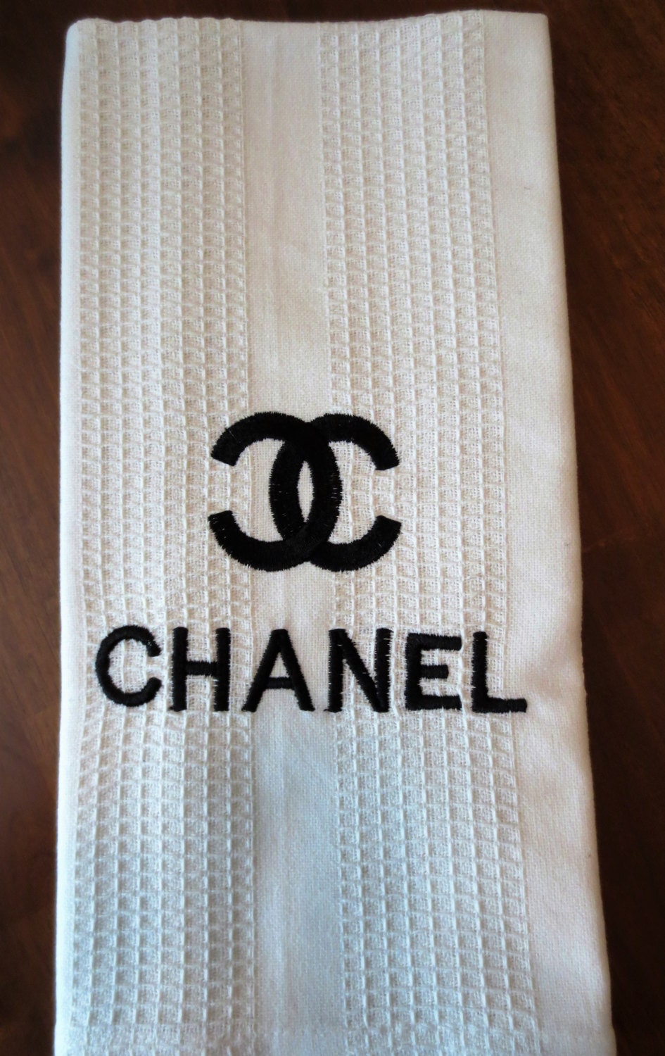 Chanel Inspired Machine Embroidered Kitchen Towel. White towel
