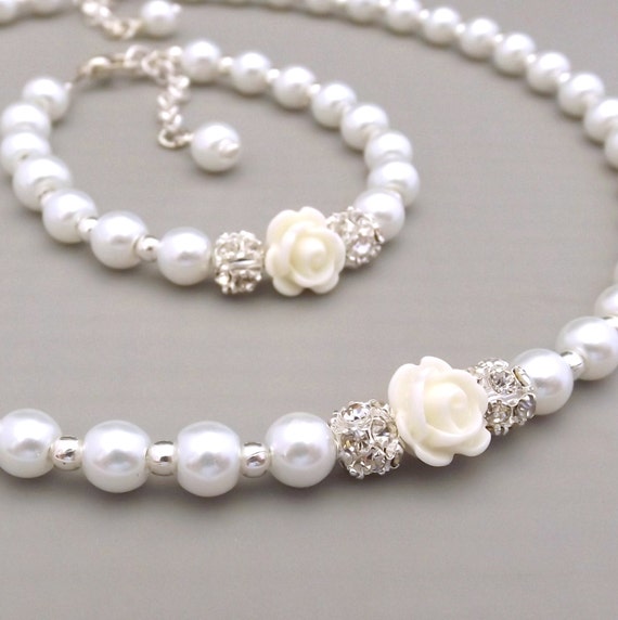 Childrens pearl necklace and bracelet set flower girl set by Gemnotic ...