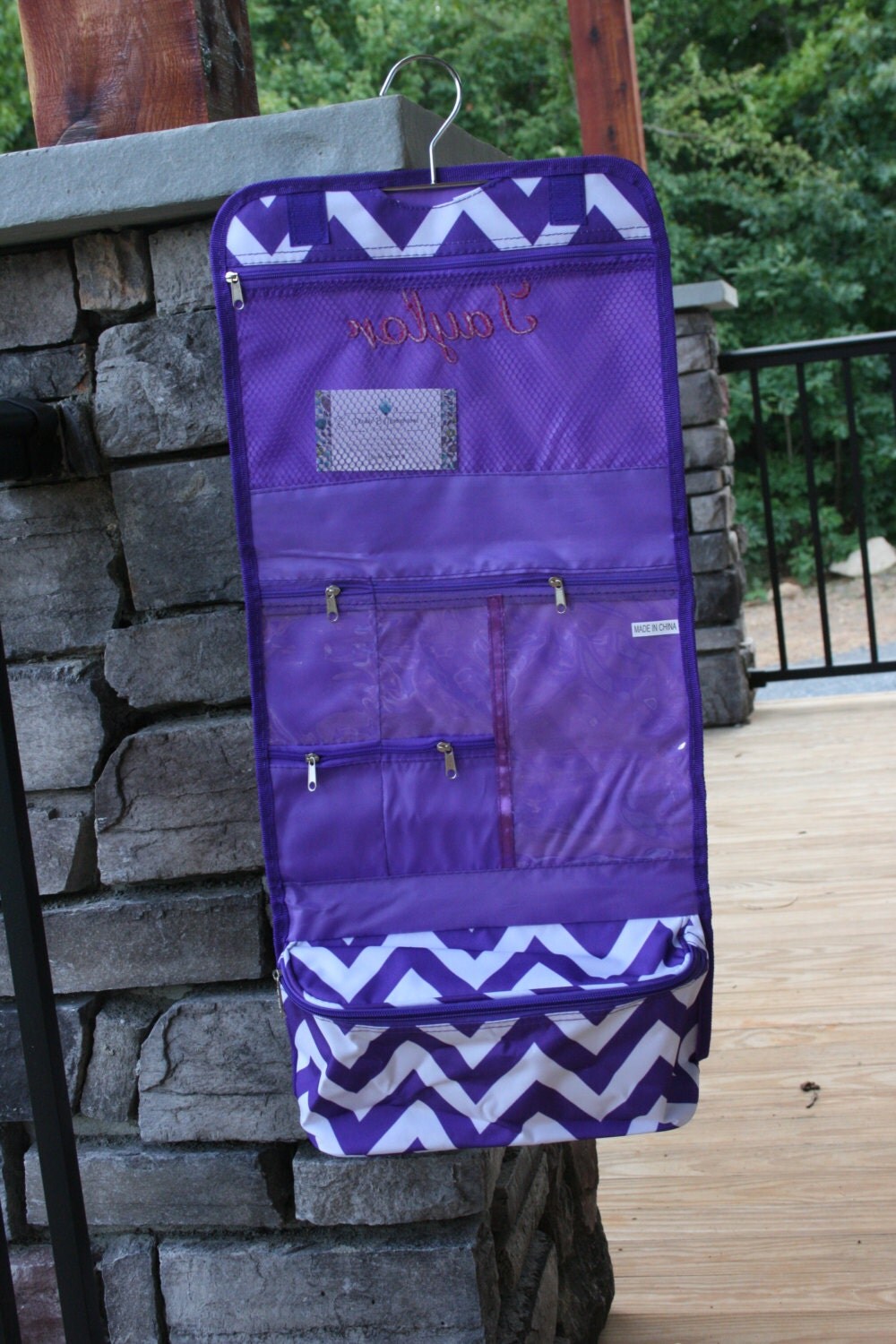 Monogrammed Hanging Cosmetic Bag Purple Chevron Personalized