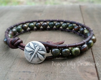 leather and gemstone dragonfly bracelet dragon blood jasper bracelet fine silver earthy bracelet boho bracelet forest bracelet jasper