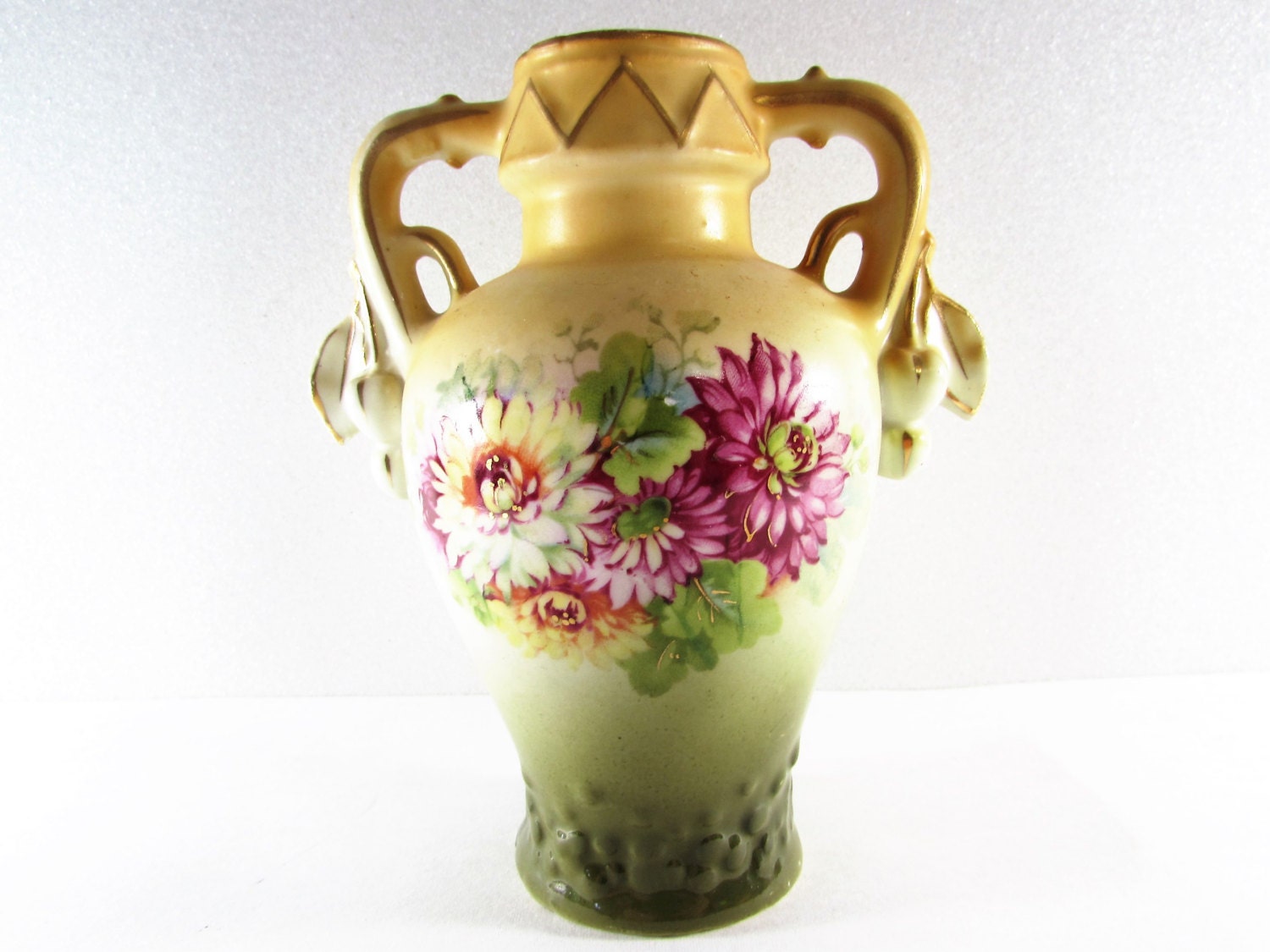 Pottery Flower Vase Double Handle Made in Austria Green Yellow