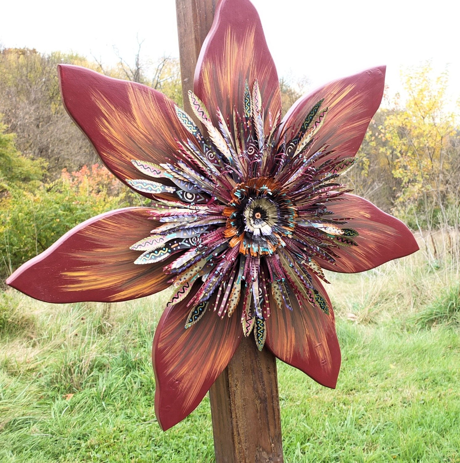 Outdoor Wall Art, Reclaimed Wood Wall Art, Metal Wall Art, Burgundy