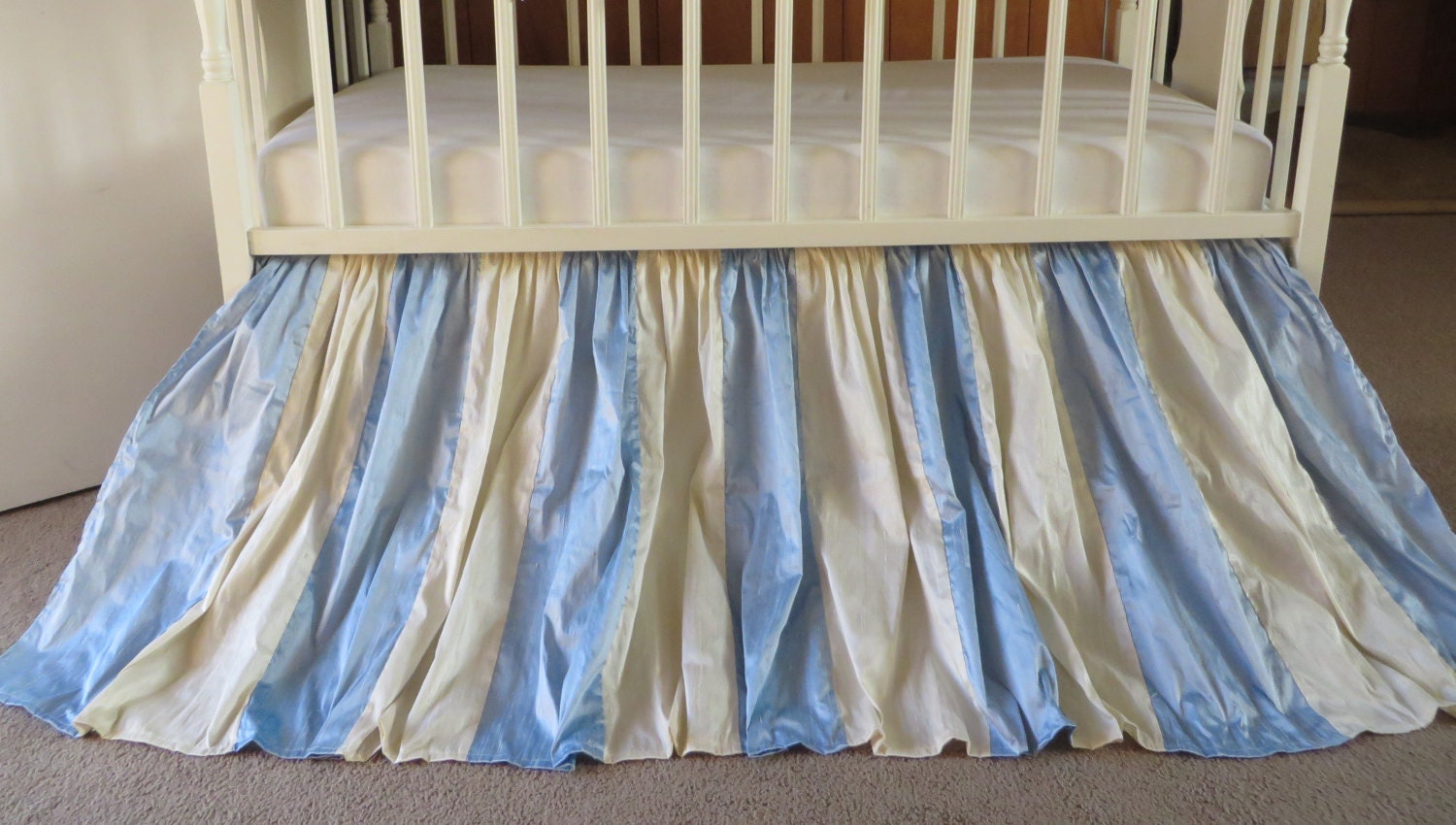 SILK Striped Crib Skirt Cream and Blue Striped Dust Ruffle