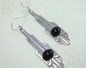 Art Deco Earrings Dangles Black Silver Bridal Wedding