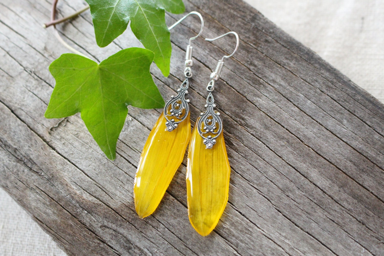 Sunflower Petal Earrings / Resin and Real Flower by HadleysCloset