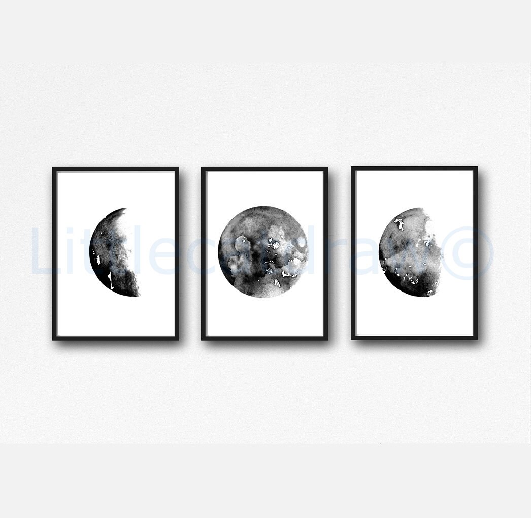 Moon Phase Print Set Of 3 Watercolor Prints Celestial Bedroom