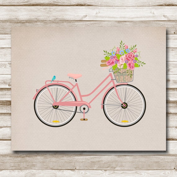 Bicycle Printable Pink Bike Art Flower Basket Nursery Teen