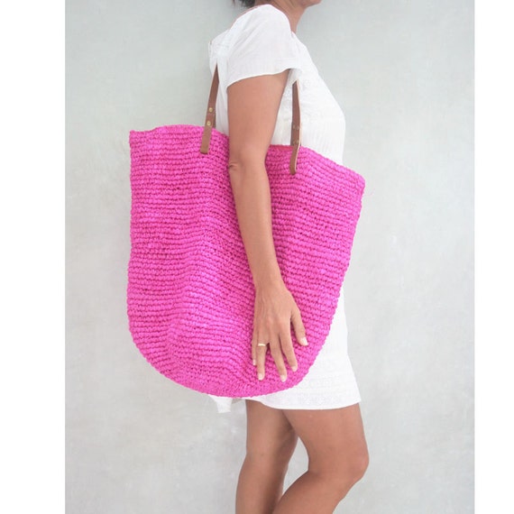 Beach Bag Straw Beach Bag Pink Bag Large Tote Bag by MOOSSHOP