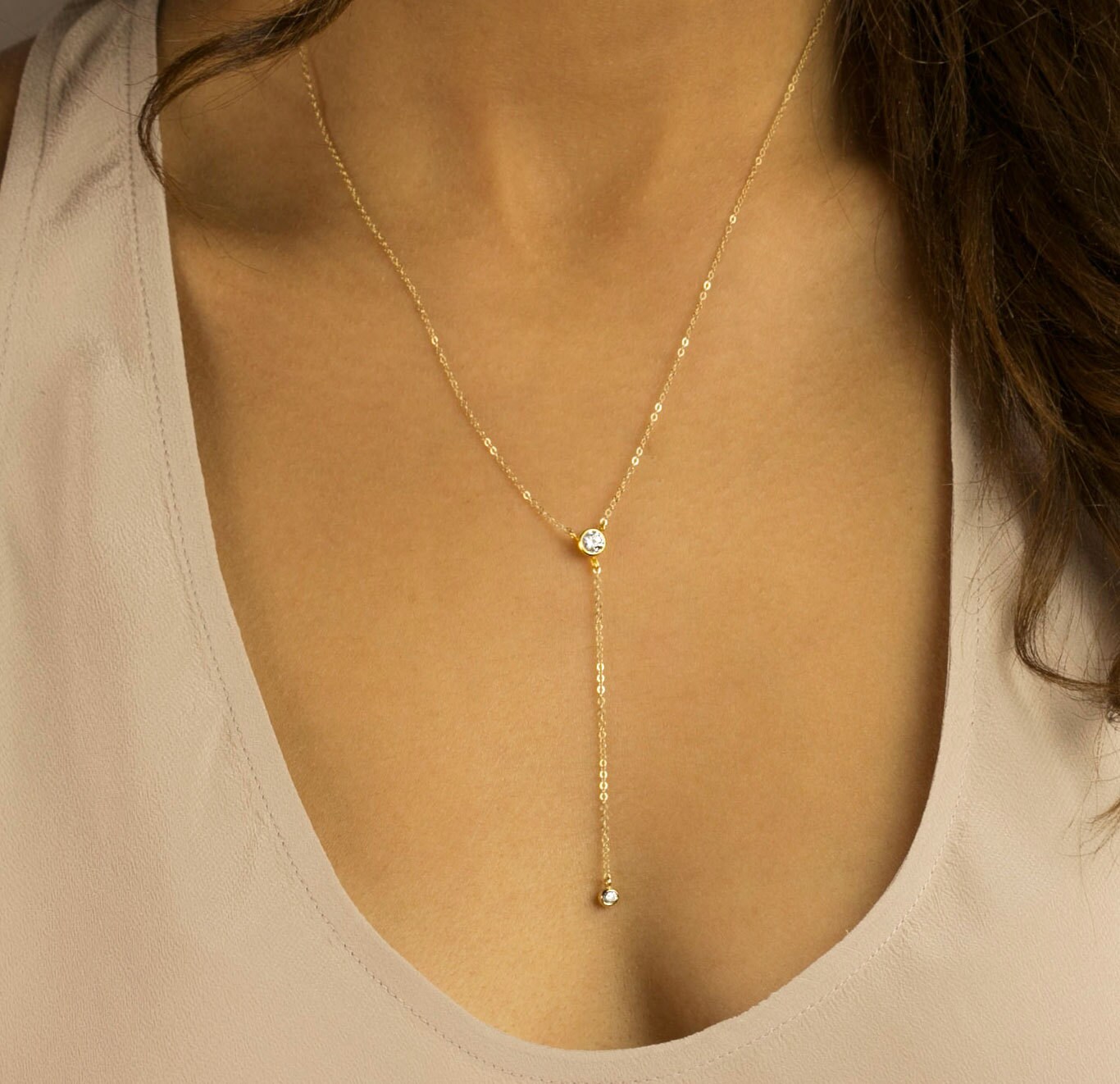 Gold Y Necklace Diamond Dainty Lariat Necklace with CZ