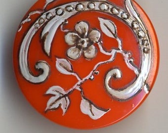 Hand painted Czech glass button orange with white flower - size 12, 27 mm FCB 1149