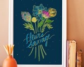 french wild flowers illustrated digital print poster with gold leaf flakes. gloral art print.