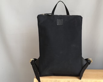 Black waterproof waxed canvas backpack, black backpack, small black backpack, canvas backpack, black work bag, black canvas laptop bag