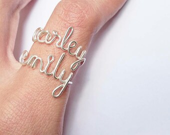 Silver name ring, White gold name ring, Custom Word Ring, emily and carley name rings /