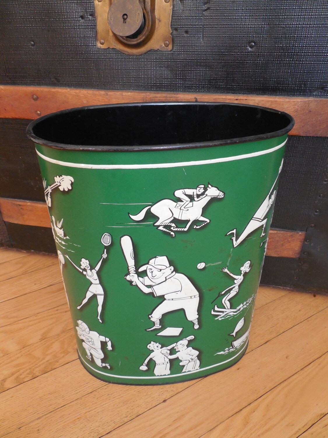 Vintage Metal Sports Themed Trash Can...Garbage Waste Basket
