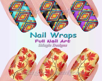 Nail Wraps, Waterslide Full Nail Art, Stickers, Maple Leaf Branch or Geometric Pattern, Fall Leaves Nail Decals