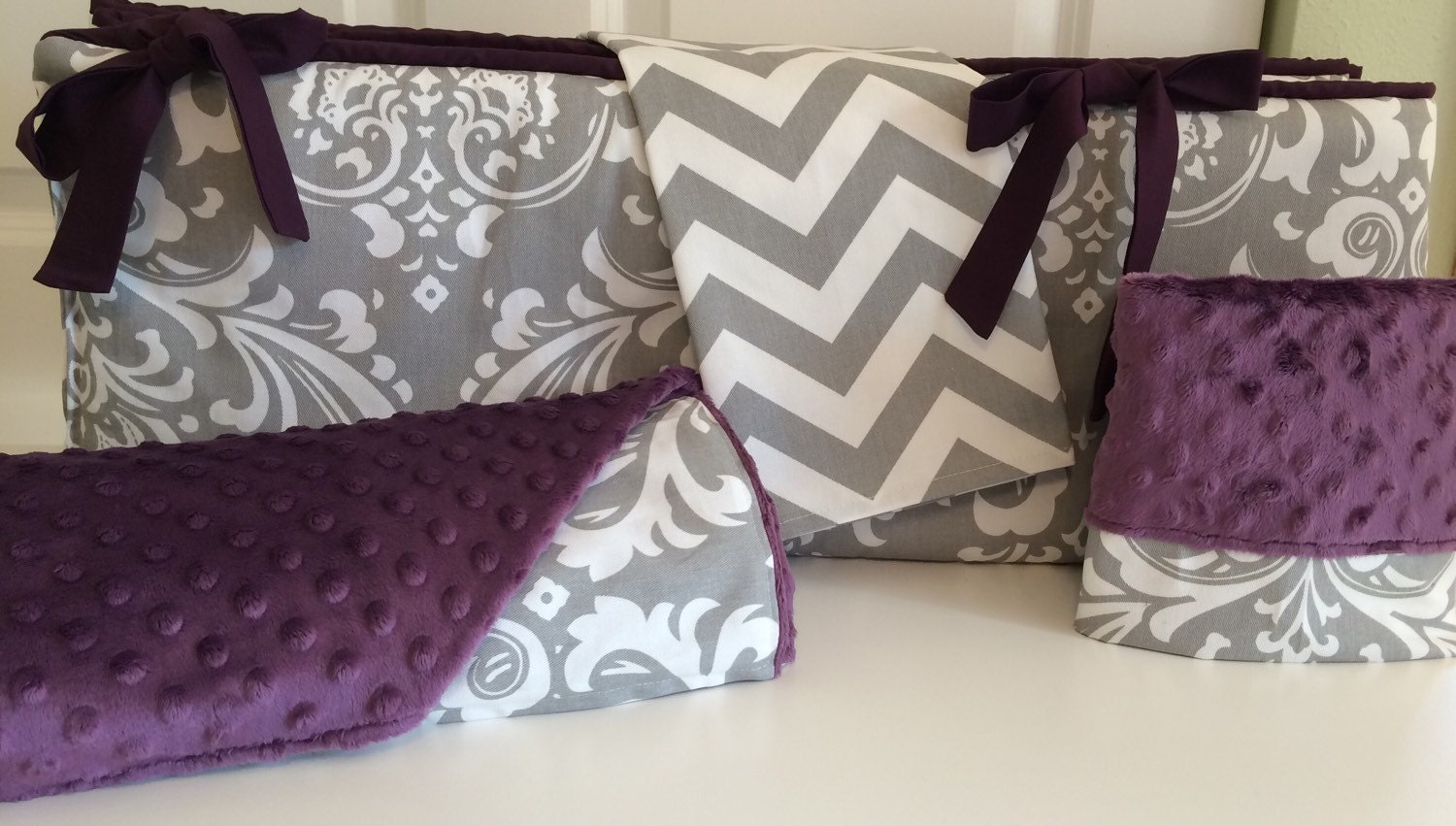 Purple Gray Crib BeddingGirl Baby by CustomBEBEtextiles on Etsy