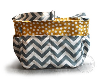 Large Grey chevron and yellow polka dot chevron diaper bag / chevron knitting bag / chevron tote bag