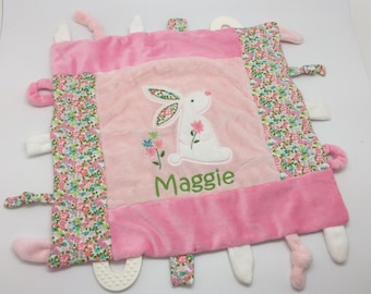 Personalized Baby girl gift, blankie toy, minky blanket, personalized baby gift, monogram baby blanket, taggie taggy girl blankie pink bunny
