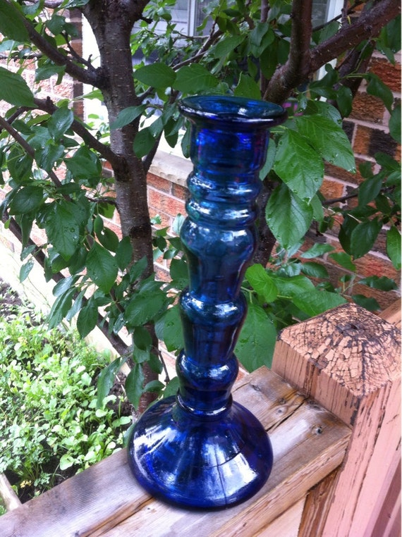 Tall Decorative Cobalt Blue Glass Candle Holder Candlestick