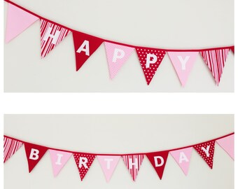 Happy Birthday Light Pink and Red Bunting Banner Flags Party Decoration