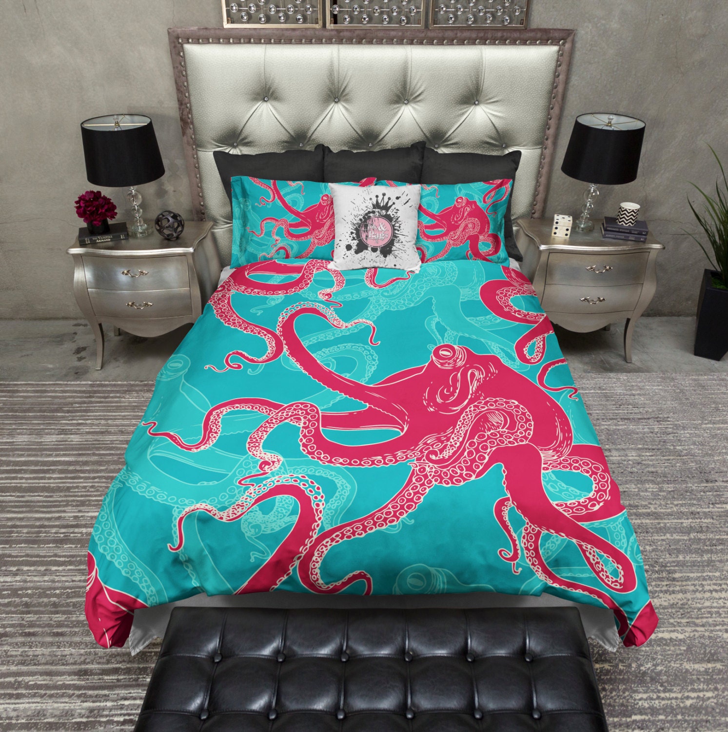 Featherweight Octopus Bedding Aqua and Jewel Tone by InkandRags