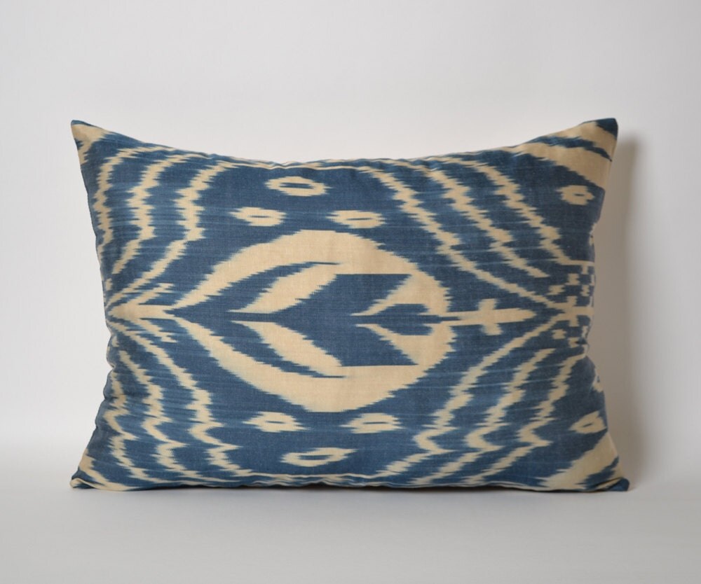White Blue Silk Ikat Pillow Cover Blue Silk Ethnic Throw