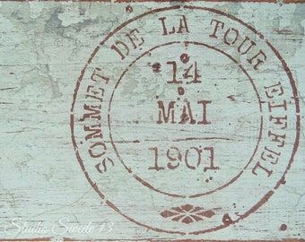 Paris Art, Eiffel Tower Tour Stamp, Top Of The Eiffel, Shabby Cottage Chic Print, Aqua Rustic Decor, Wall Decor, Paris Sign- "Eiffel Tour"