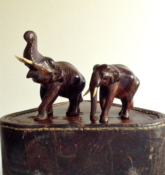 Pair of Hand Carved Teak Indian Elephants With by RustVintageStore