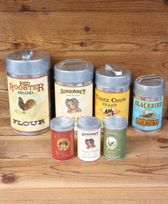 Vintage Reproduction Kitchen Storage Tins Set of Seven