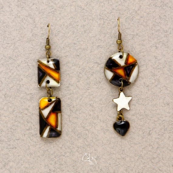Symmetry earrings, Asymmetry earrings. cool boho enamel earring, jewelry resin, hand painted, cool gift for her