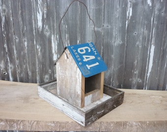 Reclaimed Rustic Barn Wood Bird Feeder with License Plate Roof Made to order