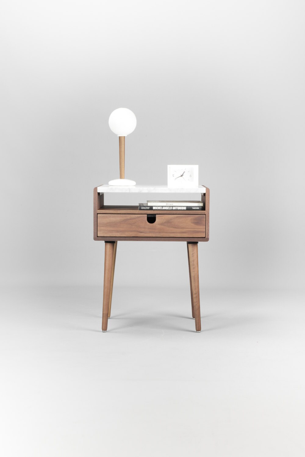 Mid Century Nightstand with Drawer in Walnut and Carrara marble top