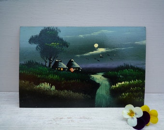 Japanese Landscape Oil Painting, Antique Postcard of Japan, Night painting with Moon, Hand Painted Postcard, Artist Card, Miniature Painting