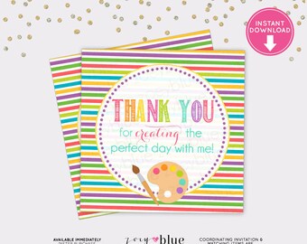 Art Party Favor Tag - Painting Birthday Thank You Tag - Pink Purple Yellow Birthday Favor Art Palette Paint - Instant Download Digital File