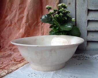 Antique french large white ironstone bowl. Tea stained french ironstone bowl. Creamware bowl. Large ironstone bowl. French cottage decor