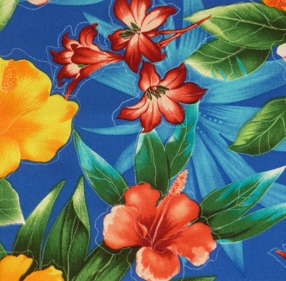 Hibiscus & Flowers on Blue Fabric Five 6 Cotton