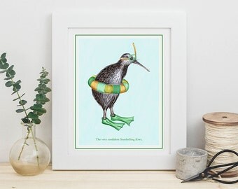 Snorkelling print, snorkelling swimming Kiwi bird print, 5 x 7, 8 x 10 and 11 x 14