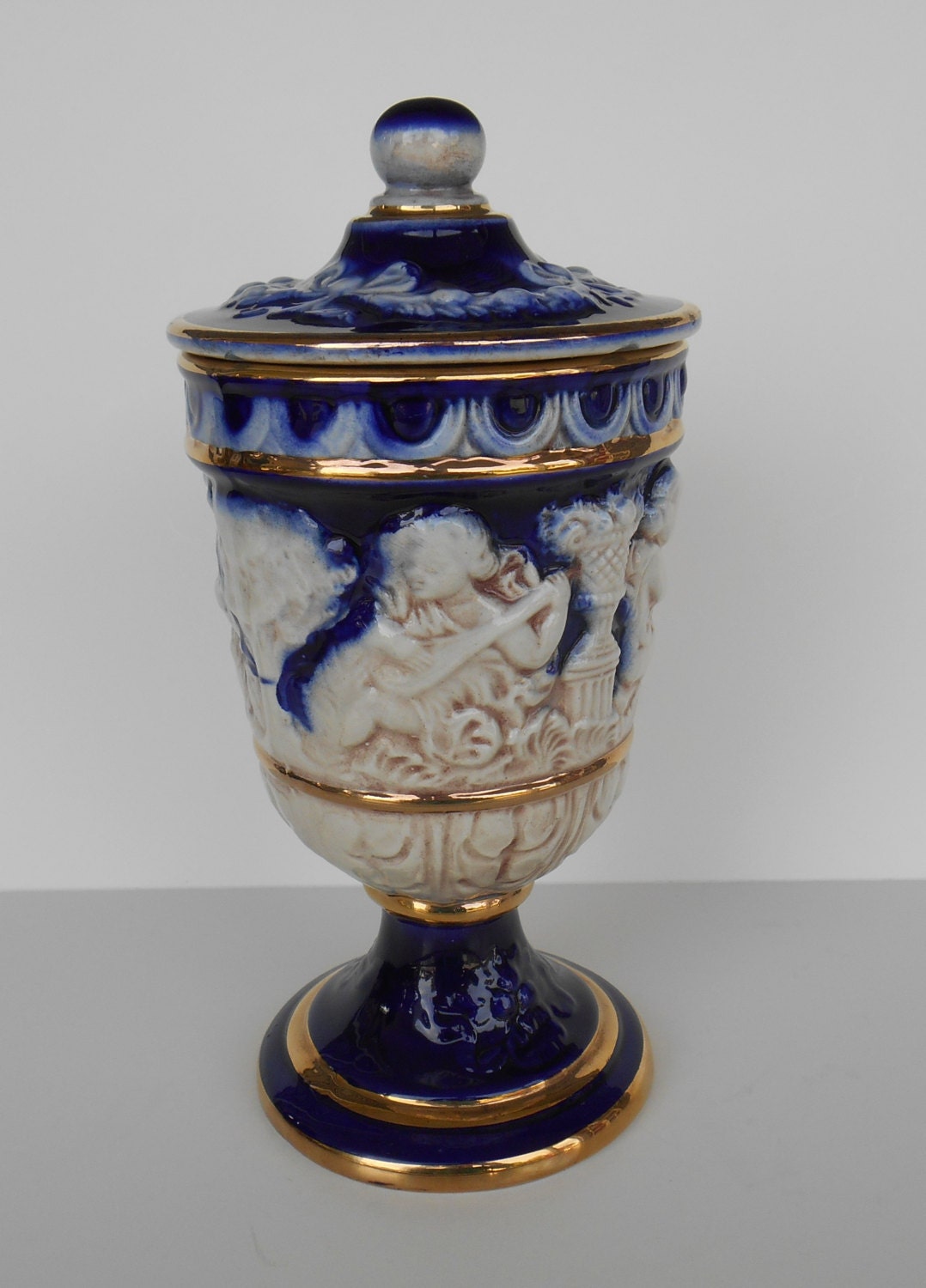 SALE Vintage Italian Urn Vase with Lid Cherubs in Majolica