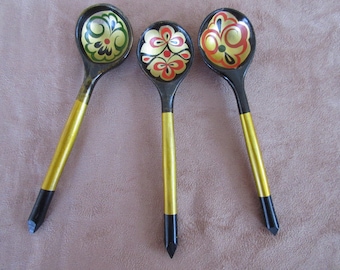 Vintage Wooden Spoons, Painted Lacquer Wood Spoons, Folk Art
