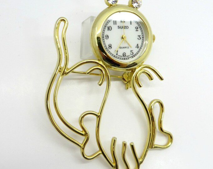 Vintage Watch Brooch, Suizo Cat Watch Gold Tone Rhinestone Brooch Pin