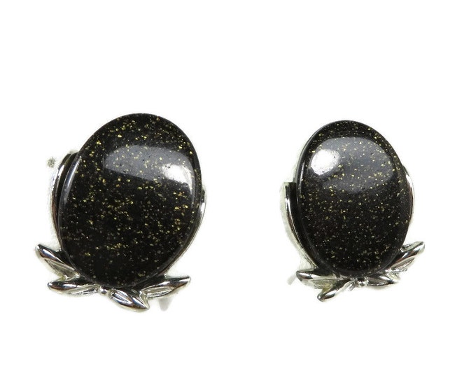 Black & Gold Thermoset Earrings, Vintage Silver Tone Sparkly Clip-on Earrings