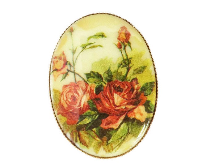 Rose Brooch, Porcelain Pin, Vintage Roses Brooch, 1950s Oval Floral Transferware Pin, Antique Style Muted Roses Pin
