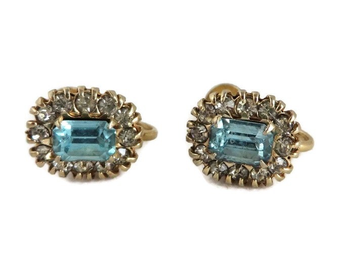 Vargas Rhinestone Earrings, Vintage Blue Earrings, Aquamarine Screwback Earrings, Signed Vargas Jewelry, Bridal Earrings, Anniversary Gift