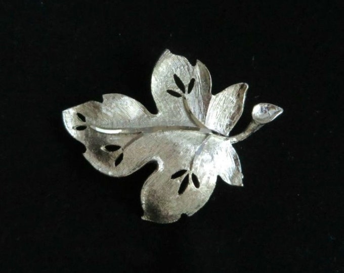 BSK Leaf Brooch, Vintage Silver Tone Openwork Leaf Matte Finish Signed BSK Pin
