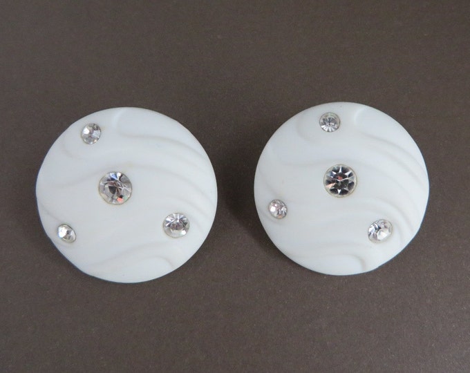 White Button Earrings, Vintage Lucite Rhinestone Earrings, Domed Earrings, Pierced Stud Earrings