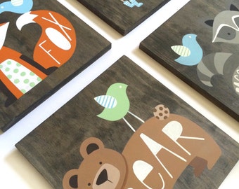 Woodland Nursery Art - Set of 4 - Rustic Nursery Decor - Woodland Animals - Fox Art - Deer Art - Bear - Woodland Critters - Forest Animals